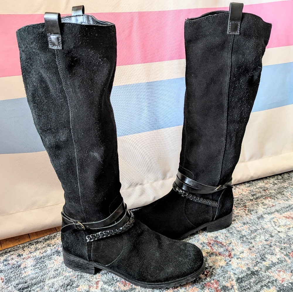 BC Footwear Black Suede Leather Knee High Buckle Boots Moto Whimsigoth Western 8